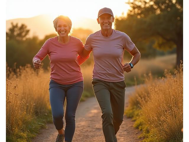 Happy mature couple hiking with a Vital Loom coach, symbolizing successful health transformation