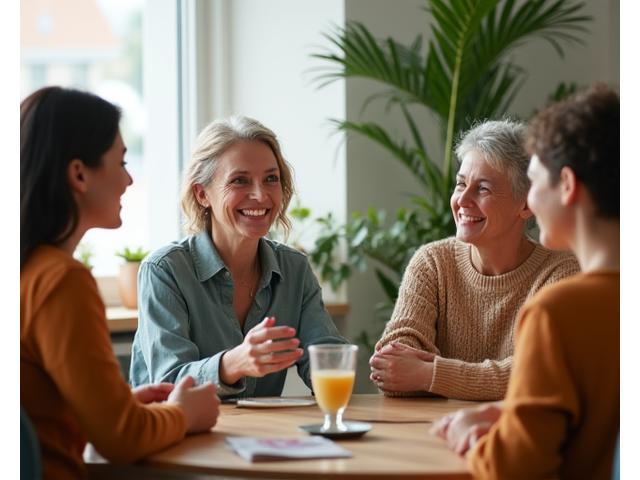 Diverse group of adults engaged in a supportive group discussion, smiling and sharing insights in a wellness setting.