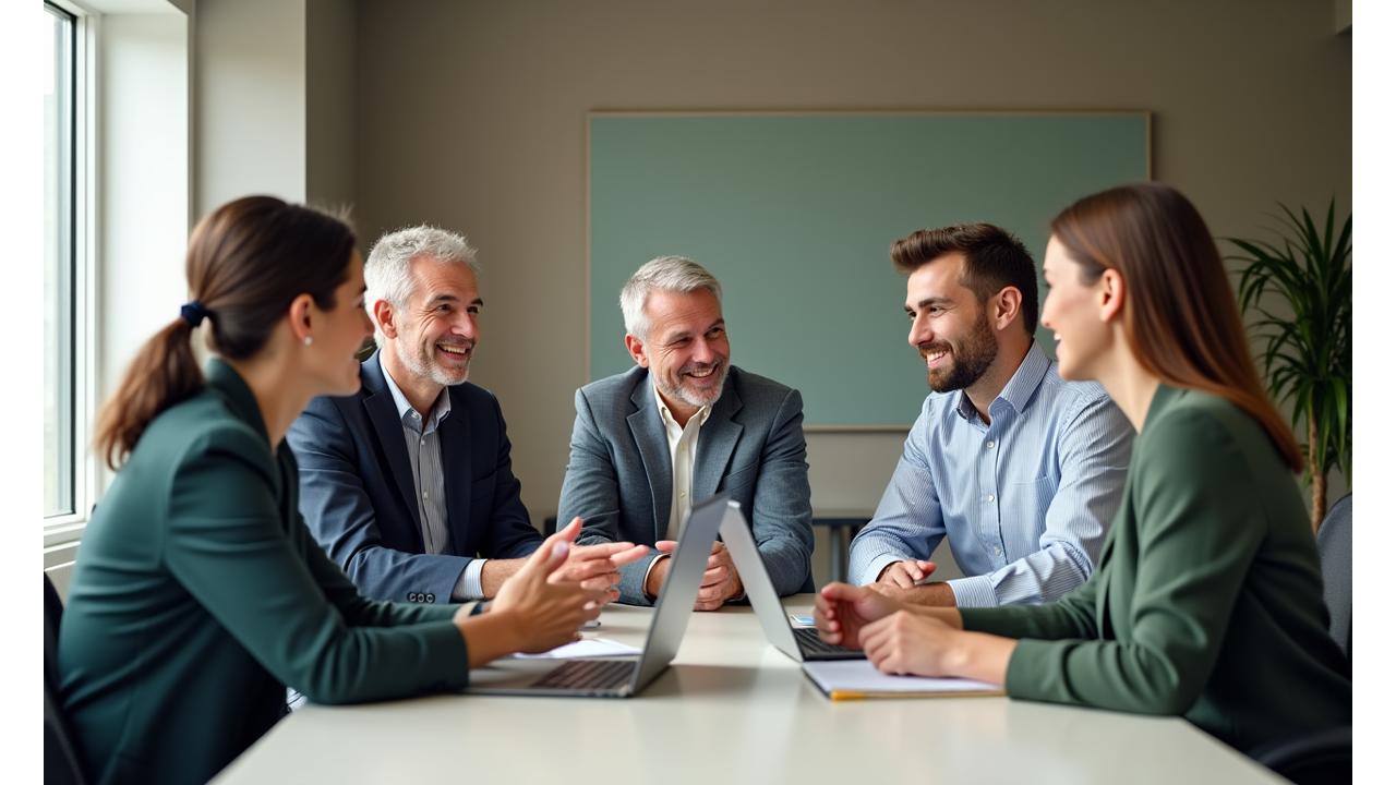 Professional, diverse team gathered around a table engaged in a strategic discussion, representing collaboration and consultation.