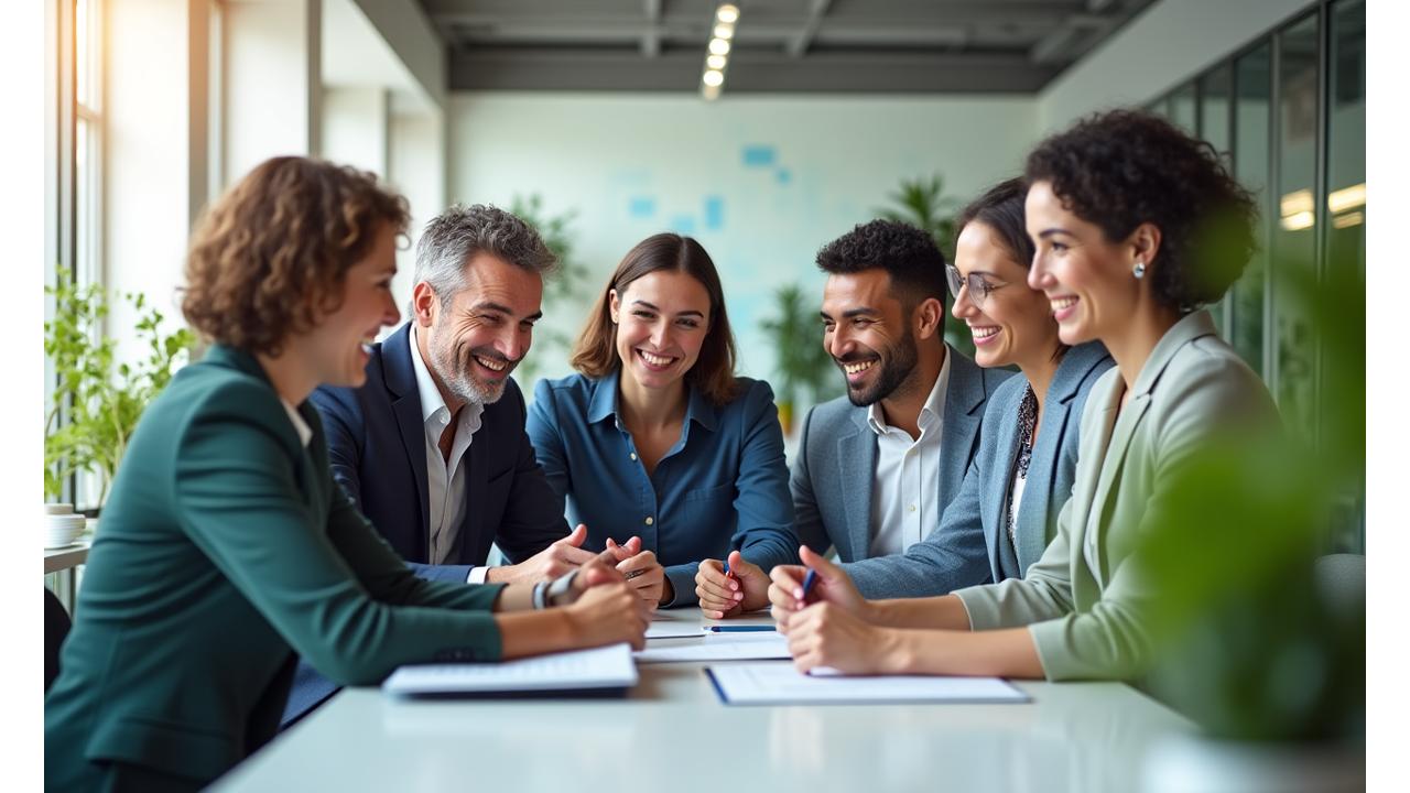 Diverse group of smiling professionals collaborating in a modern, light-filled open office space, representing a healthy and productive workplace.