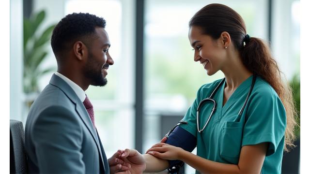 A nurse conducting a health screening for an employee in a corporate office setting, indicating on-site health services.