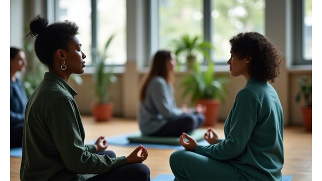 A group of employees engaged in a guided meditation session in a calming office environment, representing stress management.