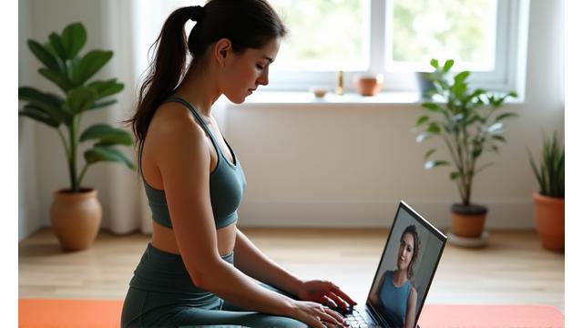 A person practicing yoga, stretching in a virtual class setup on a laptop, symbolizing virtual wellness programs.