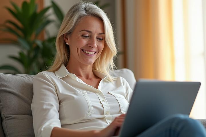 A smiling woman using a tablet, representing easy access to client portal for support.