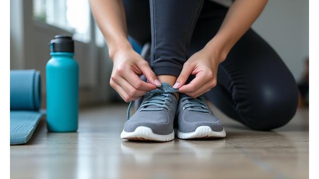 Someone tying sports shoes ready for a run, symbolizing building exercise habits.