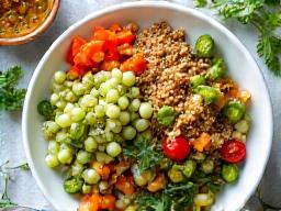 A vibrant plate of healthy, colorful food, representing nutrition strategies.