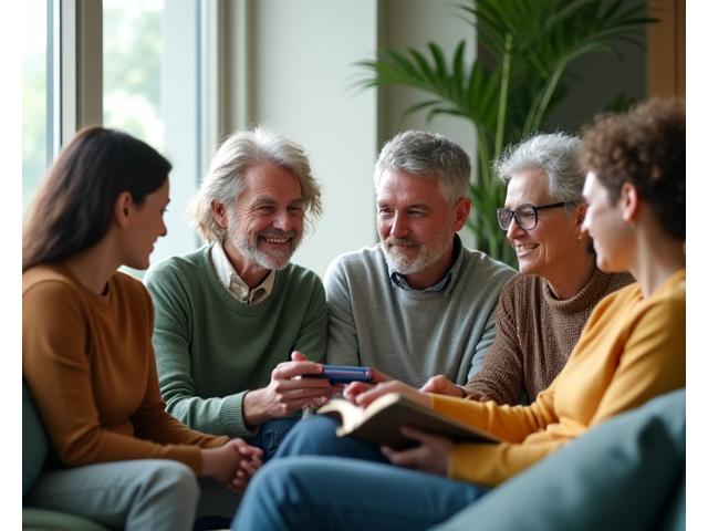 A diverse group of adults intently reading and discussing wellness information together, symbolizing health education and adult learning.