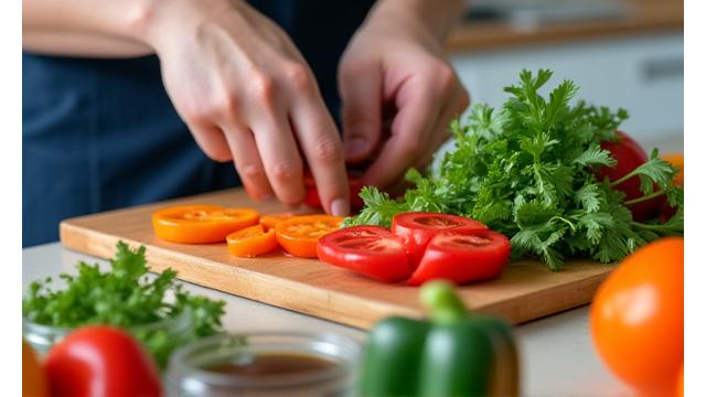 Hands preparing healthy ingredients on a kitchen counter, symbolizing meal prep.