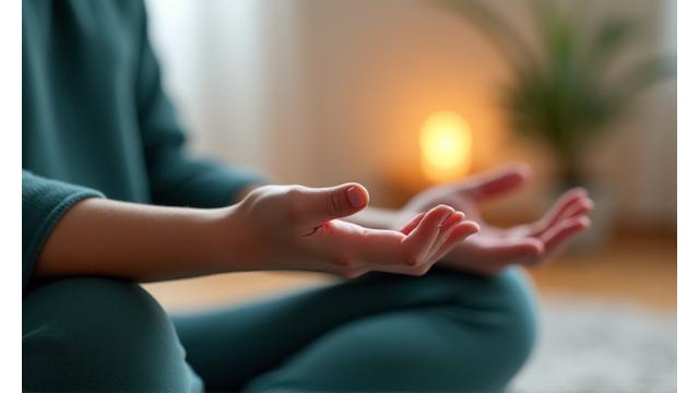 A close-up of a calming meditation scene, soft lighting, guided session.
