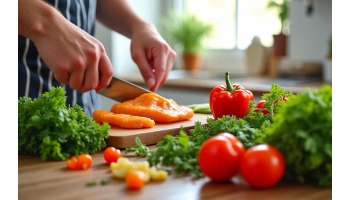 A person enthusiastically preparing a vibrant, healthy meal in a modern kitchen, with fresh ingredients laid out.