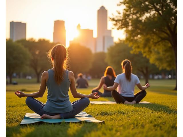 Diverse group of adults (35-60) engaging in healthy activities like yoga in a park, cycling, and enjoying healthy meals, all with a vibrant, holistic Austin backdrop.
