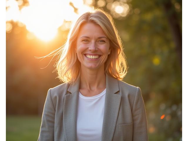 Sarah, a 40-year-old executive from Austin, looking vibrant and healthy.