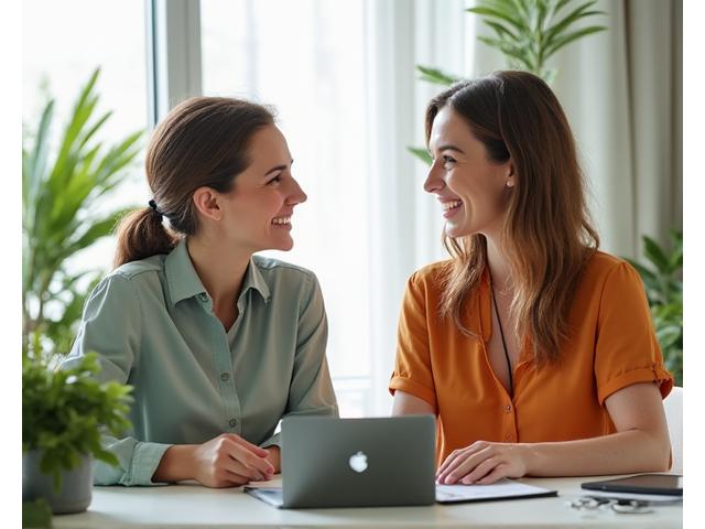 A Vital Loom coach and client smiling, reviewing a wellness plan together in a bright, modern setting.