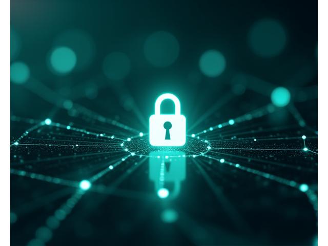 A digital padlock icon overlaid on a network of glowing lines, representing secure data encryption and network protection.