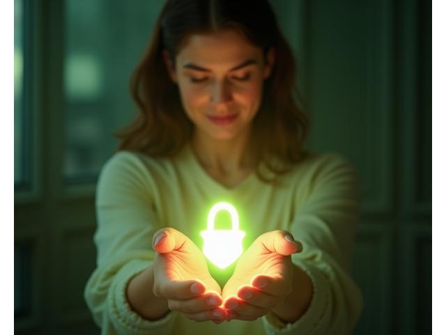 A woman gently holding a cupped hand, emanating a soft, protective glow, symbolizing data privacy and care.