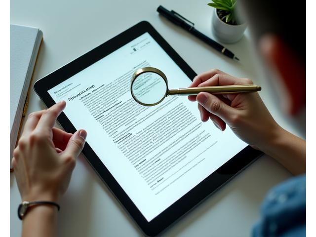 A person reading a digital document with a magnifying glass, symbolizing diligent review and transparency of policy updates.