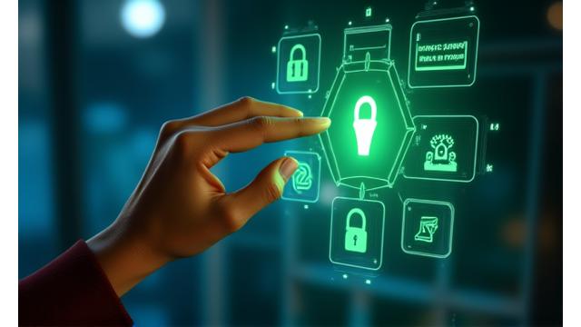 A hand interacting with a holographic interface, showing user privacy settings and controls, symbolizing empowerment.