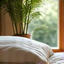 A serene bedroom scene with soft lighting, a comfortable bed, and a sleep mask.