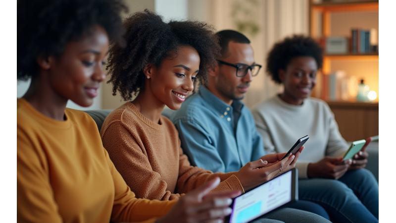 A diverse group of adults 35+ interacting with digital devices, each engaged in personalized wellness activities like reviewing health stats or researching a product.