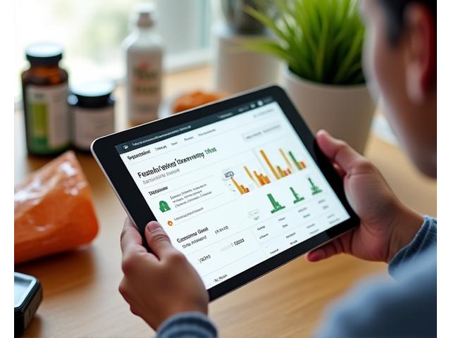 Close-up of a hand holding a tablet displaying a product review alongside various health products like supplements and a smartwatch, emphasizing trust and expert evaluation.