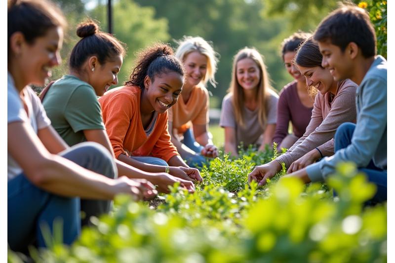 Diverse group of adults engaged in a community garden, smiling and working together.