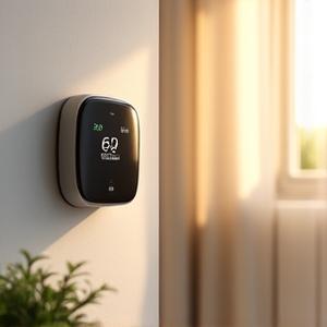 Smart thermostat displaying energy savings, with soft natural light entering through a window.