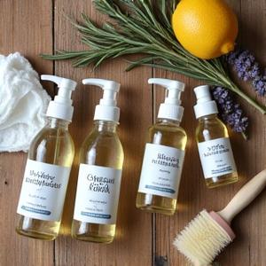 Natural cleaning products in glass bottles with fresh herbs, symbolizing eco-friendly home care.