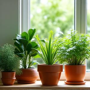 Lush indoor plants in a bright, modern living room, representing improved air quality.