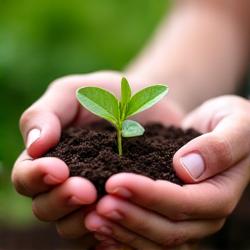 Hands cradling a small seedling, symbolizing mindful consumption and growth.