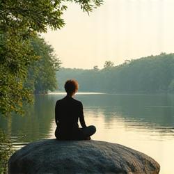 Person meditating peacefully by a serene lake at sunset, connecting with nature for stress relief.