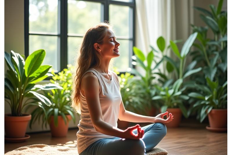 Healthy woman meditating in a vibrant, green indoor garden, promoting clean air and peace.