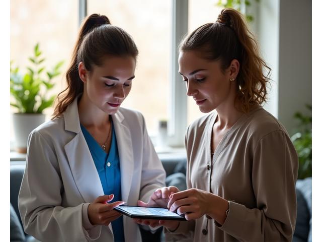 Professional conducting a health assessment with a client, showing data on a tablet.