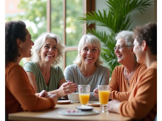Diverse group of women over 40 engaging in friendly conversation and support in a bright, inviting community setting.