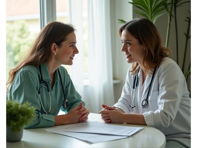 Thoughtful healthcare professional consulting with a woman, showing genuine care and detailed discussion.