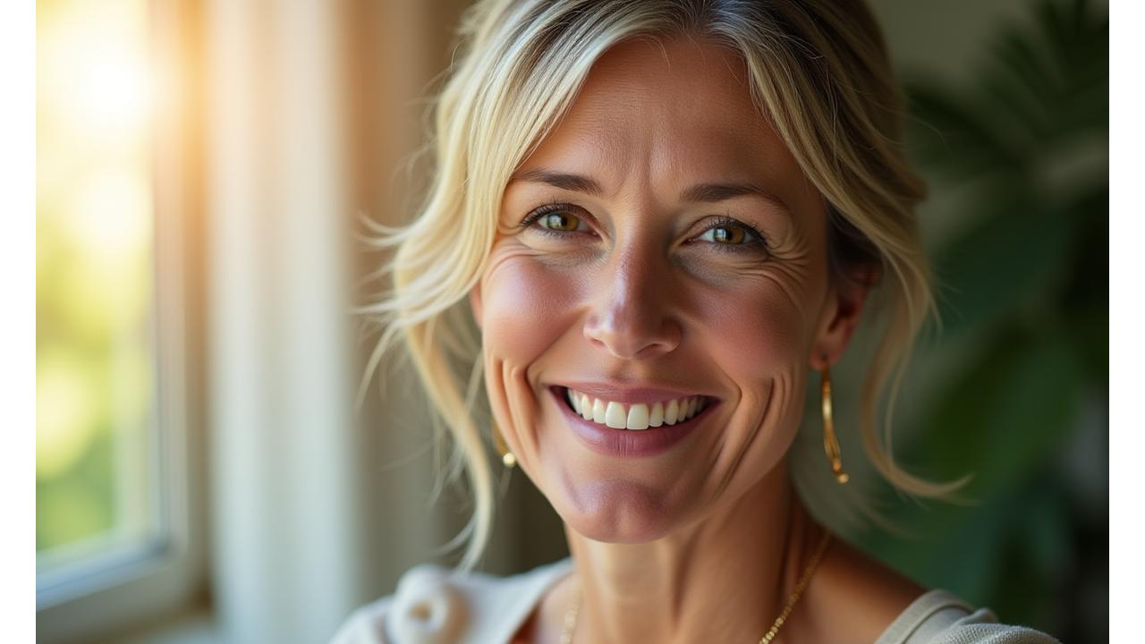 Woman over 40 smiling confidently, surrounded by gentle, natural light, symbolizing vitality and health.