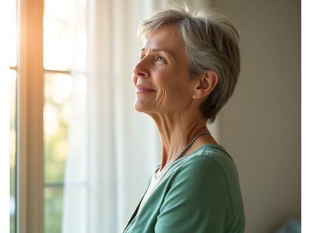 Woman looking serene and confident, representing successful menopause navigation, perhaps with symbolic imagery of calm.