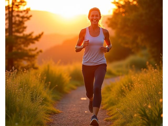 Active, joyful woman over 40 engaged in a healthy outdoor activity like hiking or yoga, radiating energy and vitality.